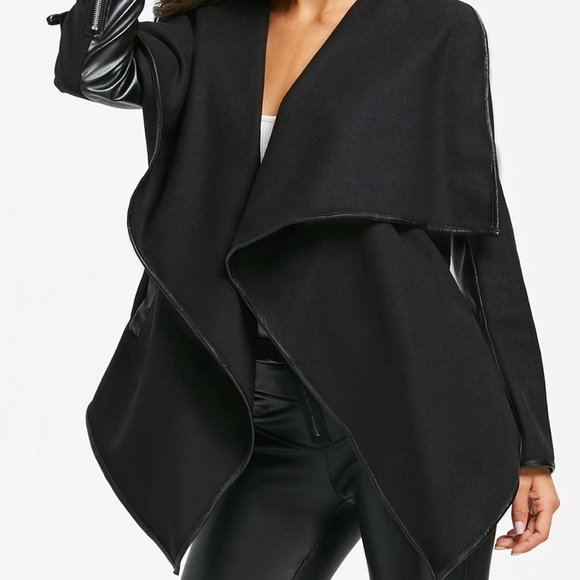 Christine-Leather Trim Wrap Collar Jacket - Picture 5 of 8